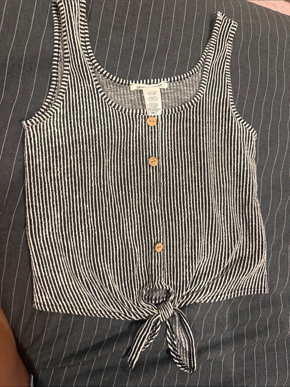Caution To The Wind Black & White Striped Tie-Front Tank